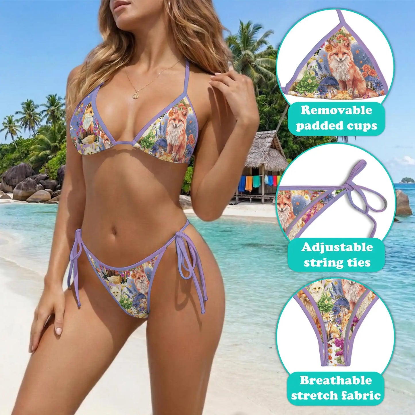 Fox Into Spring Bikini Set for Women, Two Piece Swimsuit, Floral Woodland Beachwear | Netecom