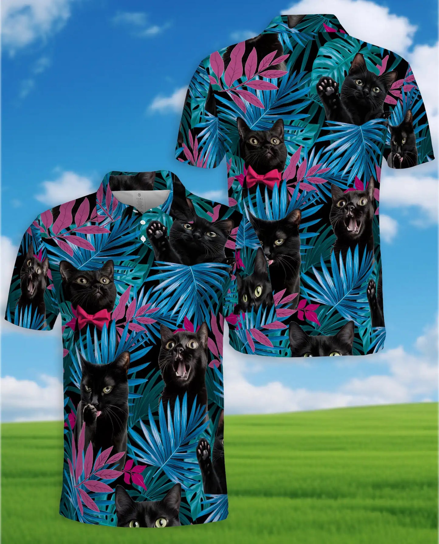 Black Cat Tropical Polo Shirt - Neon Jungle Kitty Style | Netecom
