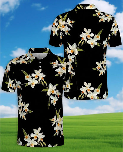 White Orchid Polo Shirt - Elegant Tropical Floral Style | Netecom