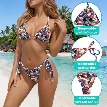 4th of July Cat Bikini Set for Women, Two Piece Swimsuit, Patriotic Cat Print Beachwear | Netecom