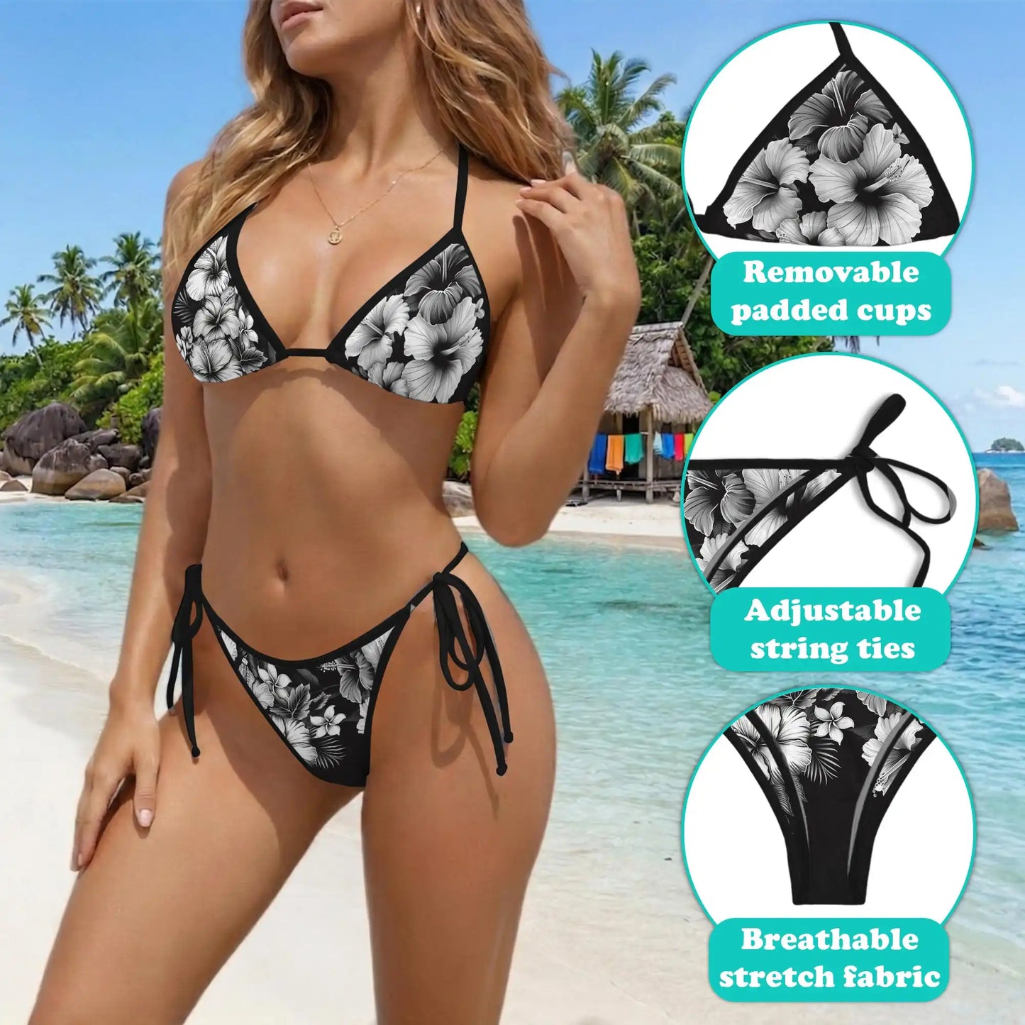 Black & White Hibiscus Bikini Set for Women, Two Piece Swimsuit, Tropical Floral Beachwear | Netecom