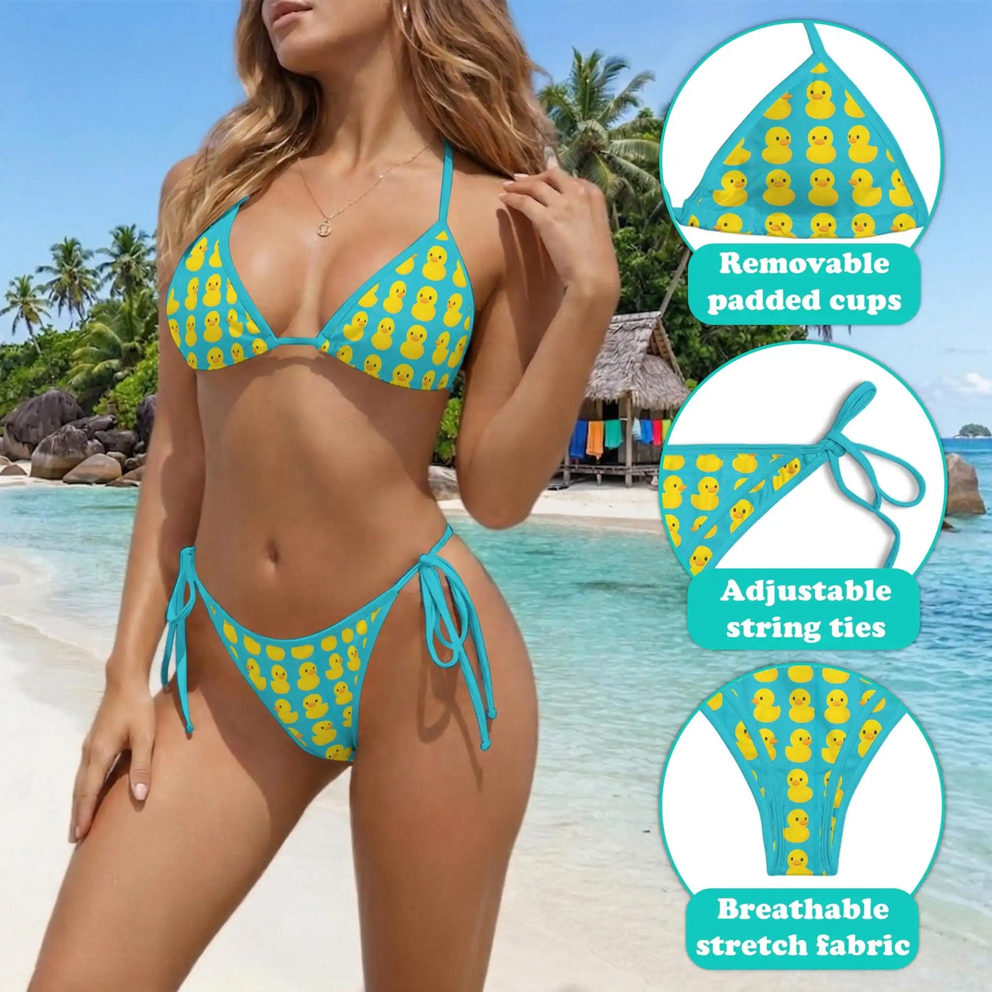 Yellow Duck Pattern Bikini Set for Women, Two Piece Swimsuit, Cute Animal Beachwear | Netecom