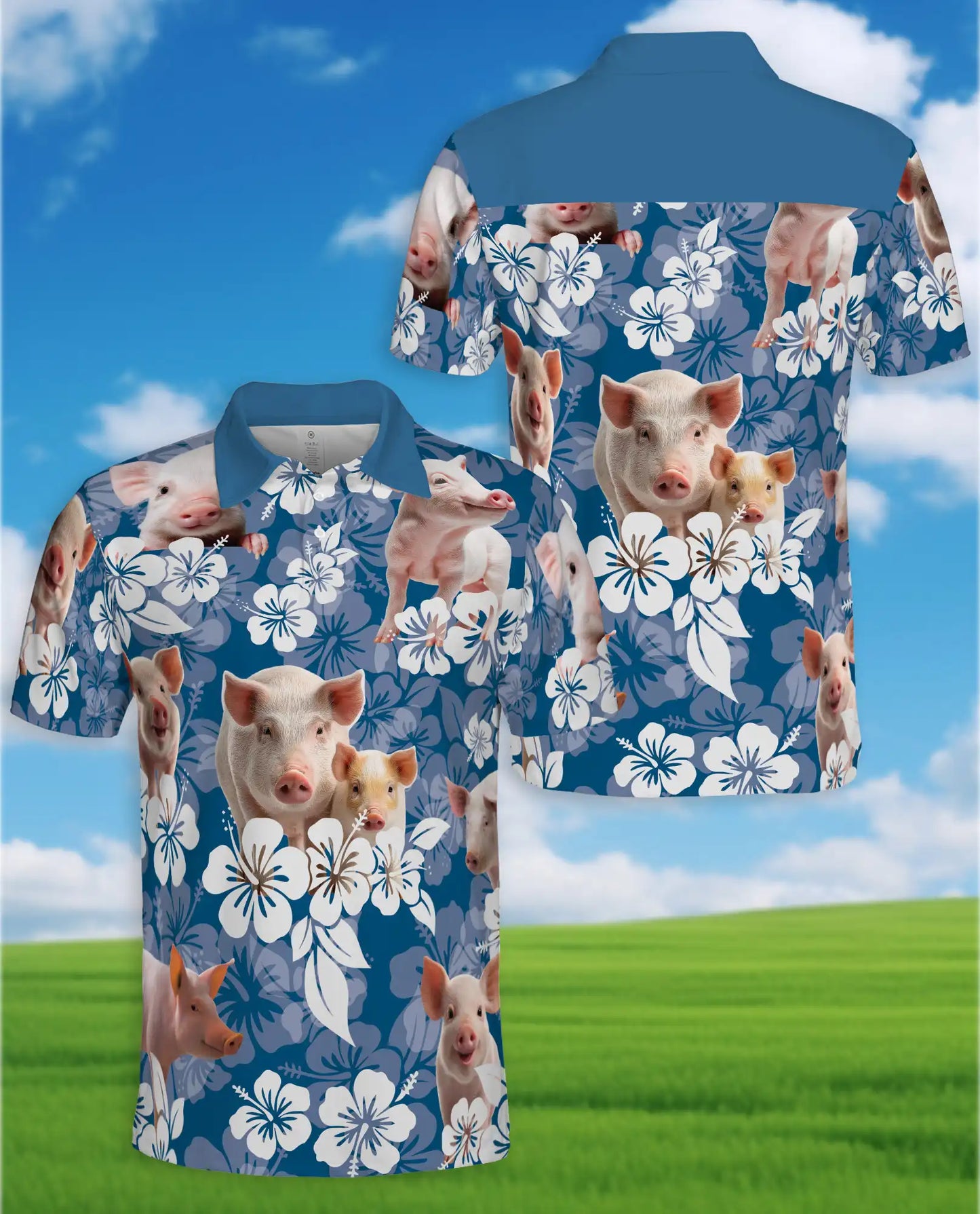 Pig Hawaiian Floral Polo Shirt for Men- Cute Farm Pig Tropical Flower | Netecom