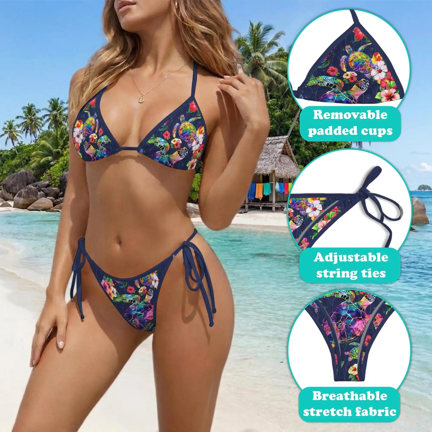 Colorful Turtle Floral Bikini Set for Women, Two Piece Swimsuit, Tropical Ocean Beachwear | Netecom