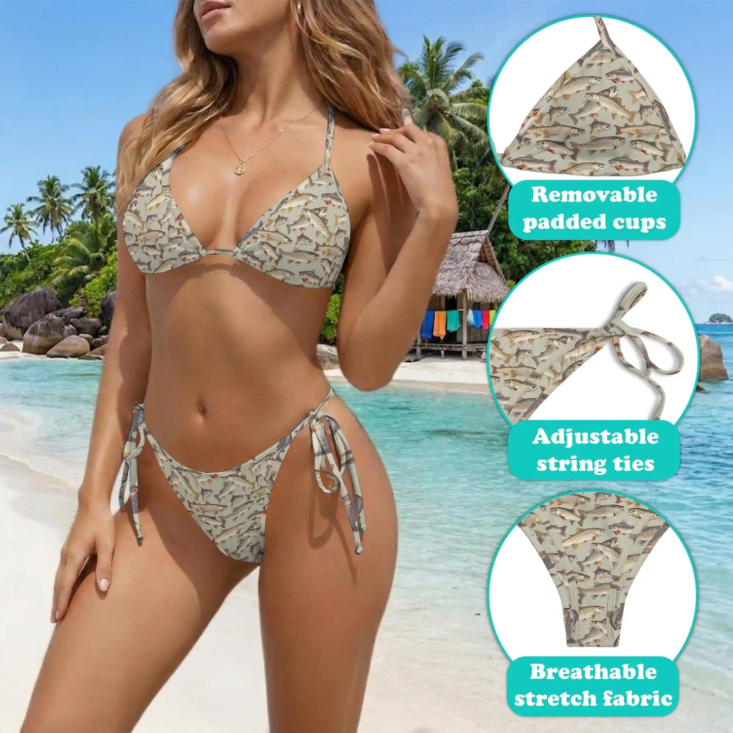 Trout Bikini Set for Women, Two Piece Swimsuit, Fishing Lake Beachwear | Netecom