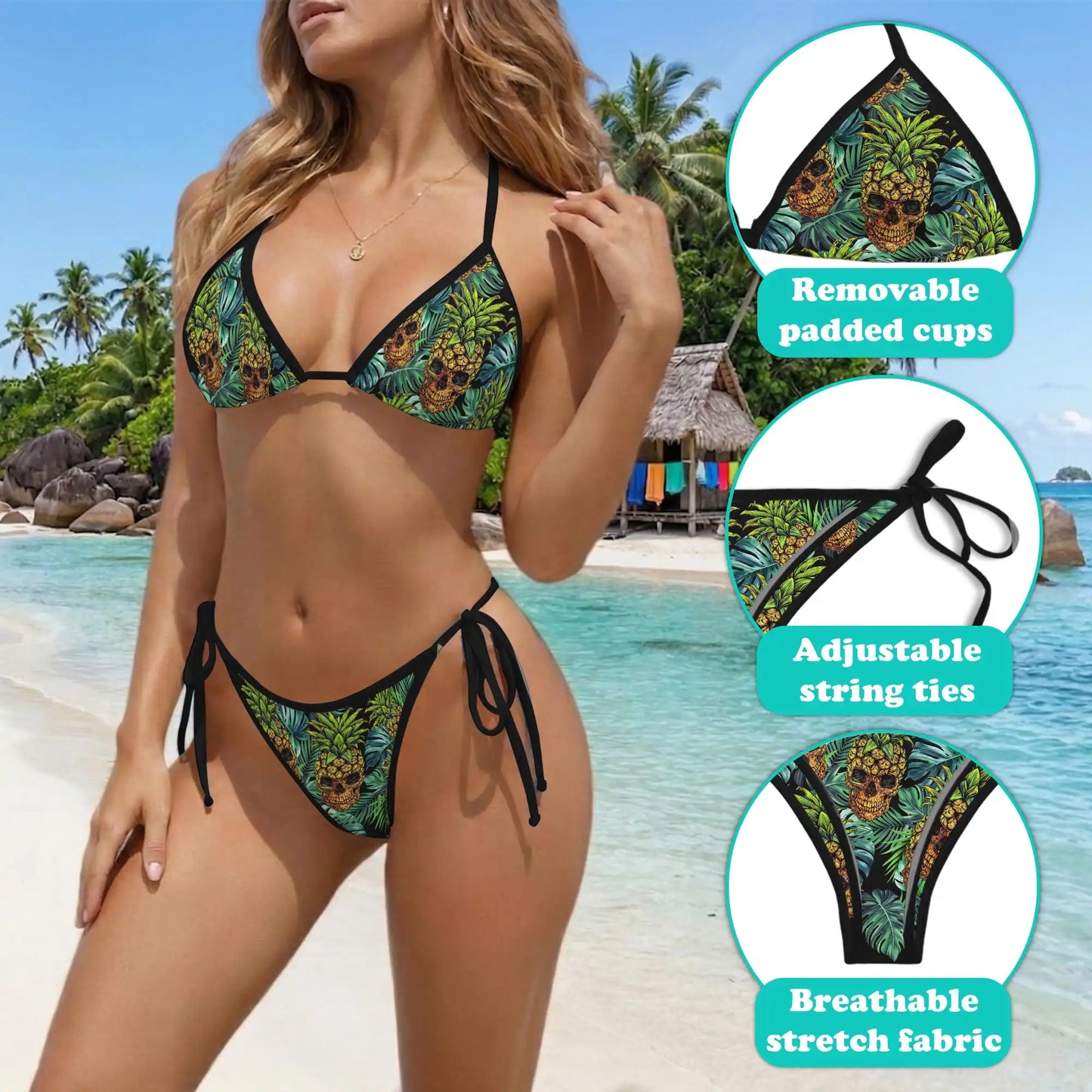 Pineapple Skull Bikini Set for Women, Two Piece Swimsuit, Tropical Gothic Beachwear | Netecom