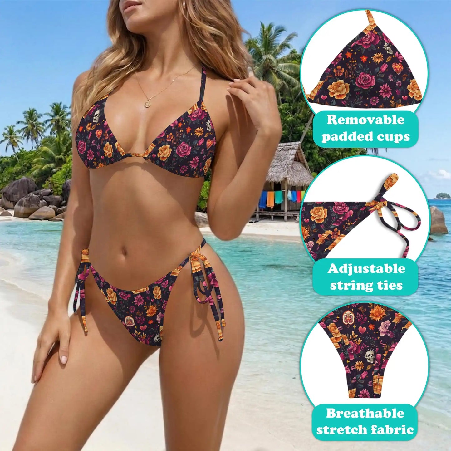 Valentine's Day Bikini Set for Women, Two Piece Swimsuit, Romantic Floral Beachwear | Netecom