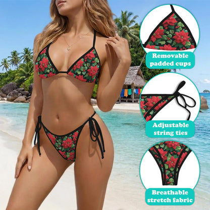 Poinsettia Pattern Bikini Set for Women, Two Piece Swimsuit, Christmas Floral Beachwear | Netecom
