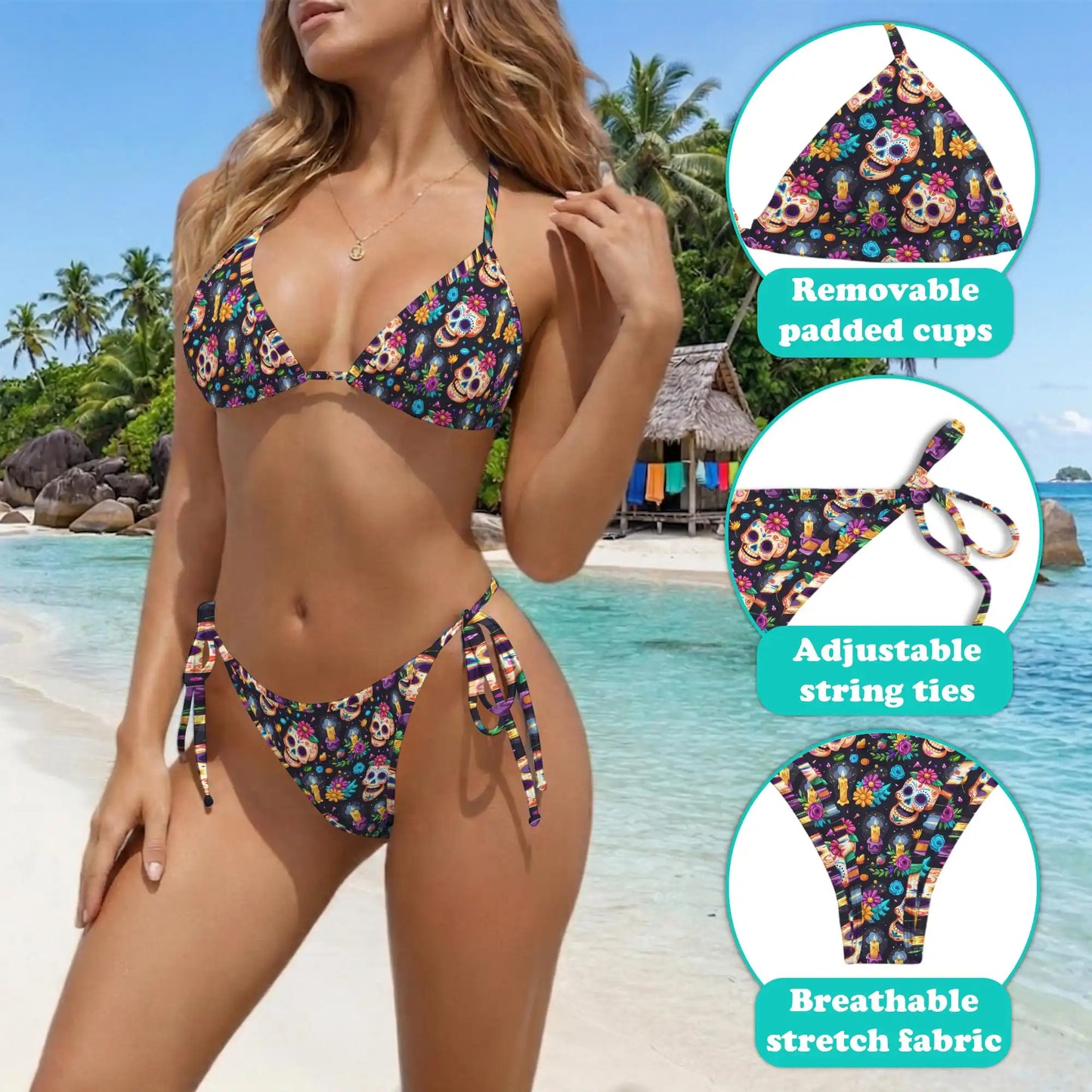 Skull Flower Bikini Set for Women, Two Piece Swimsuit, Sugar Skull Beachwear | Netecom