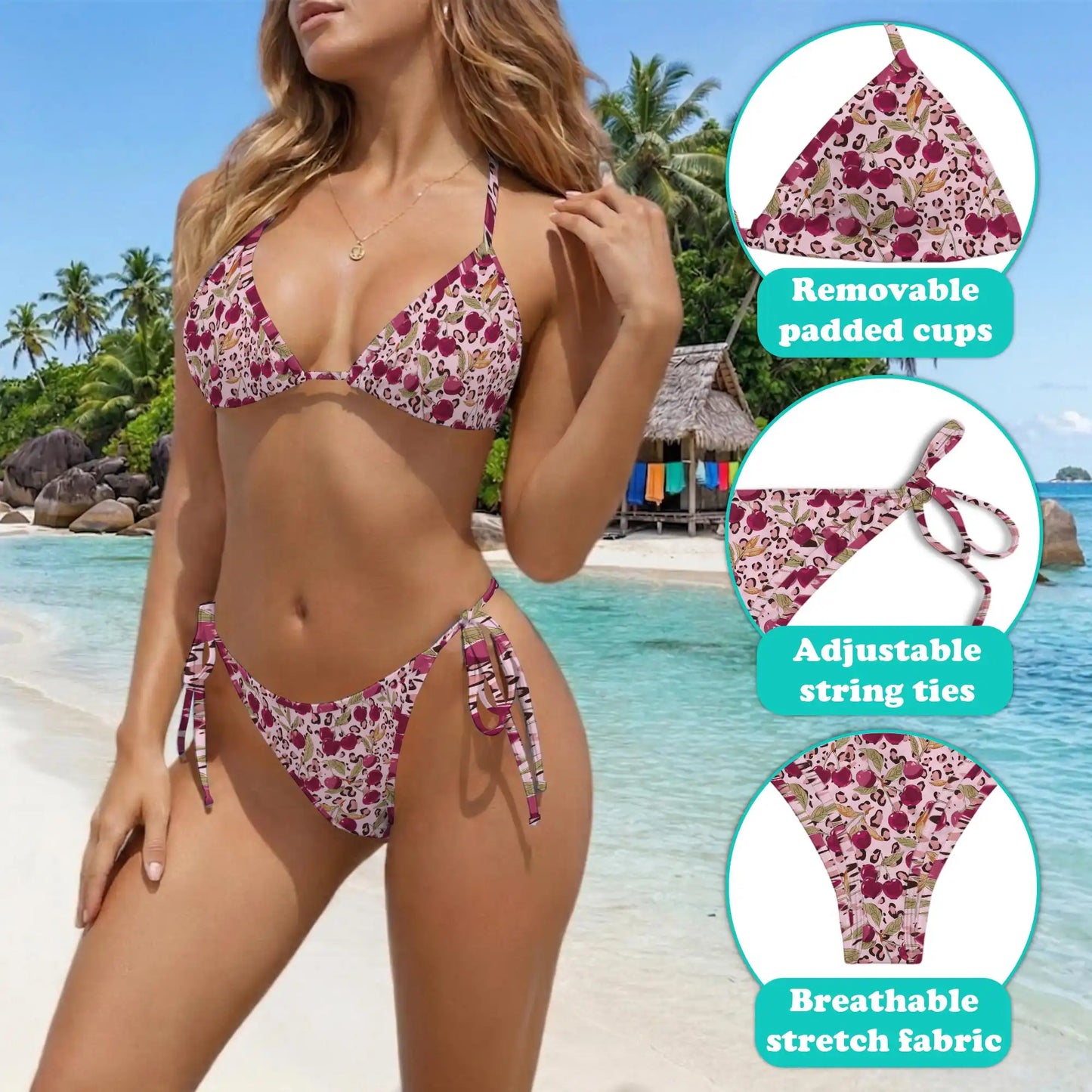 Pink Leopard Bikini Set for Women, Two Piece Swimsuit, Cherry Animal Print Beachwear | Netecom