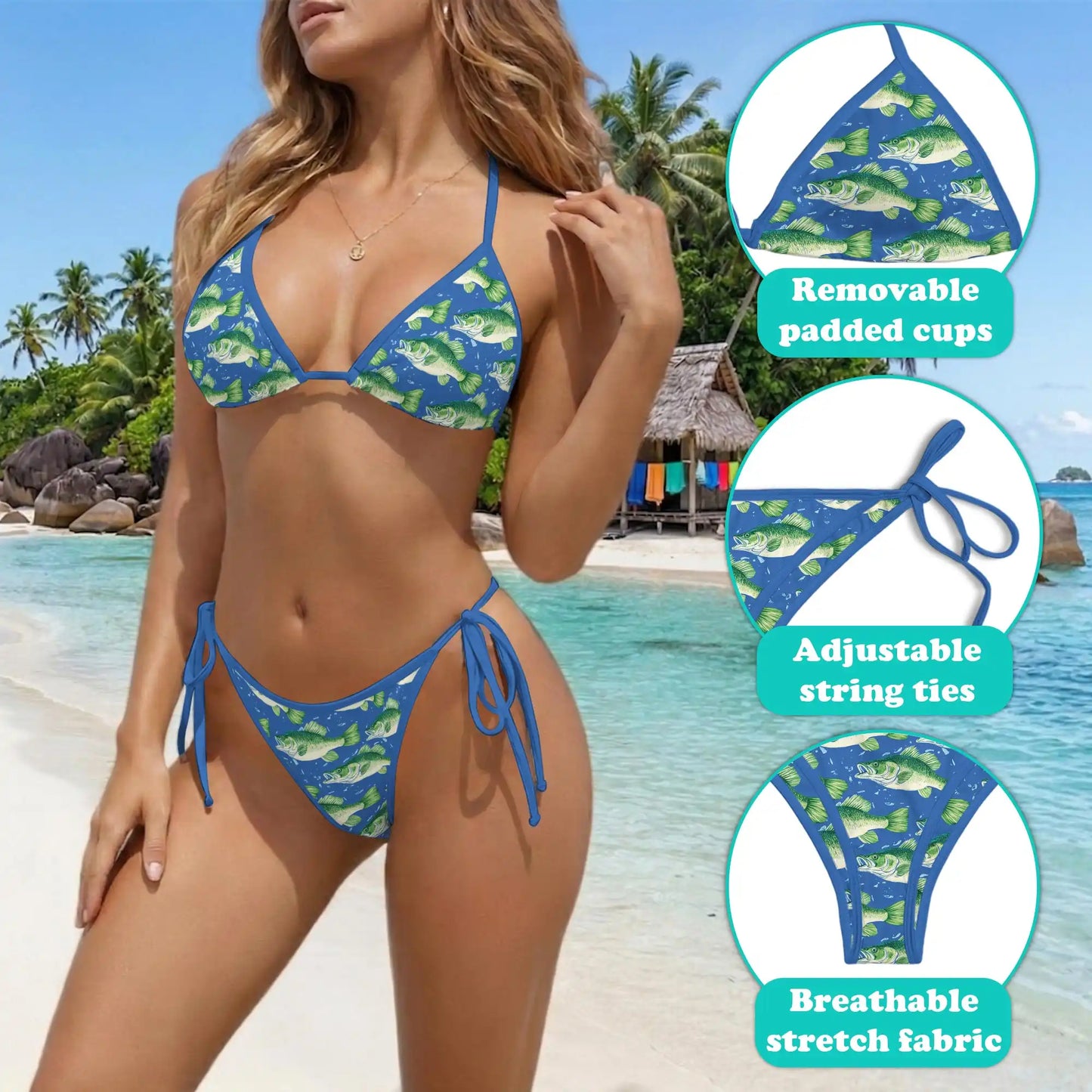 Seabass Fish Bikini Set for Women, Two Piece Swimsuit, Fishing Lake Beachwear | Netecom