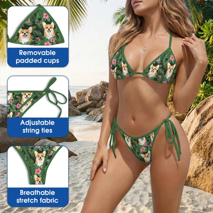 Corgi Love Flower Bikini Set for Women, Two Piece Swimsuit, Corgi Print Beachwear | Netecom