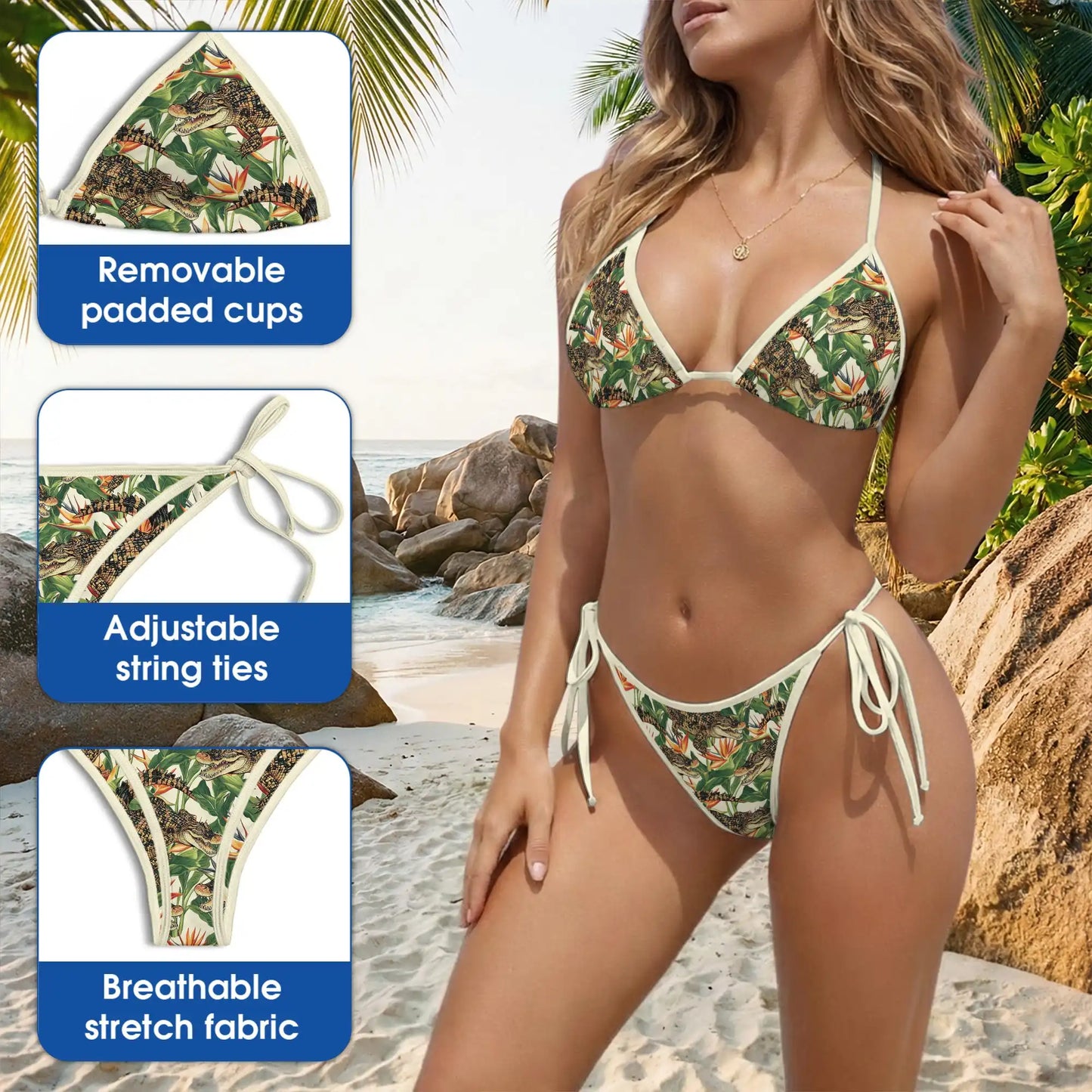Alligator Bikini Set for Women, Two Piece Swimsuit, Tropical Print Beachwear | Netecom