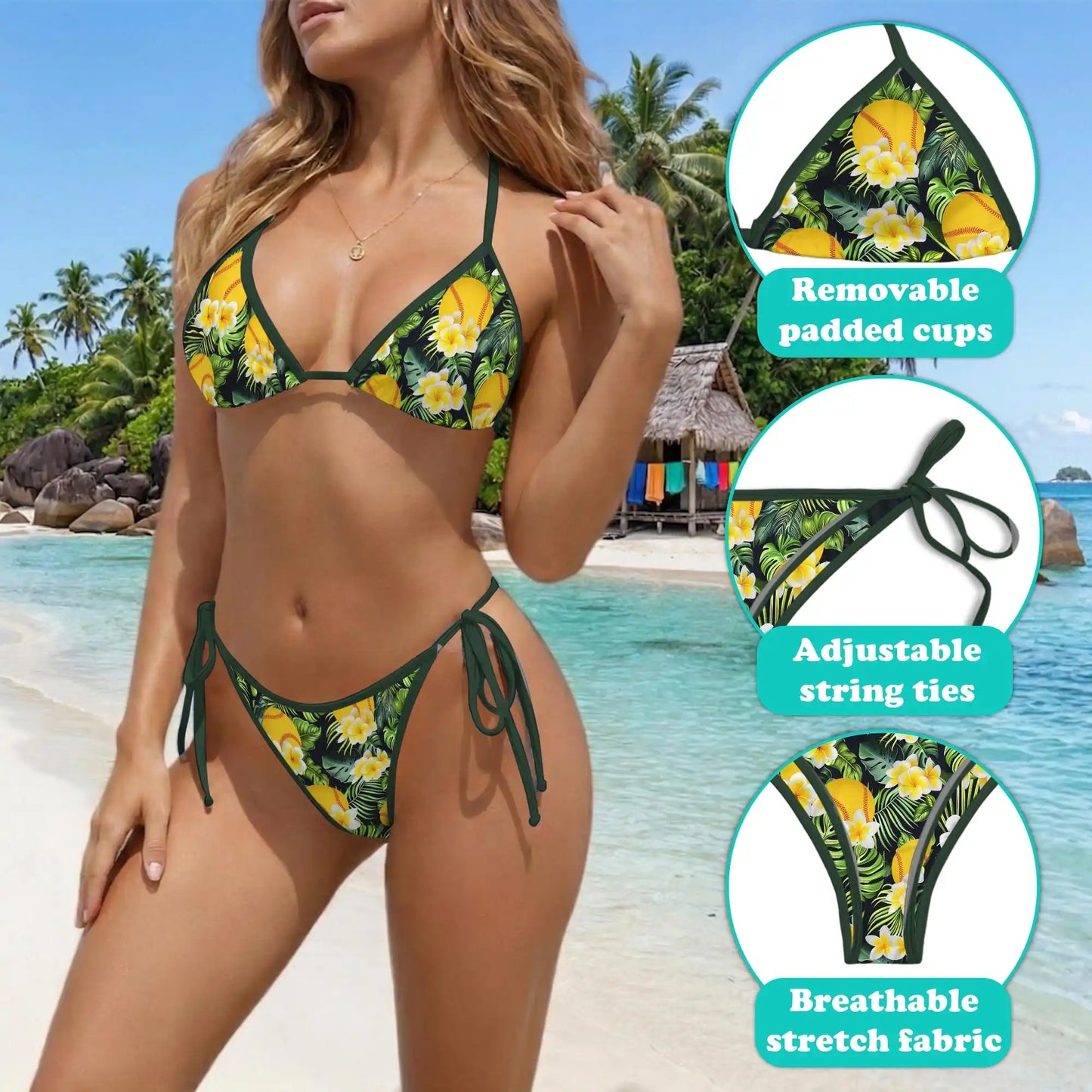 Tropical Softball Bikini Set for Women, Two Piece Swimsuit, Tropical Sports Beachwear | Netecom