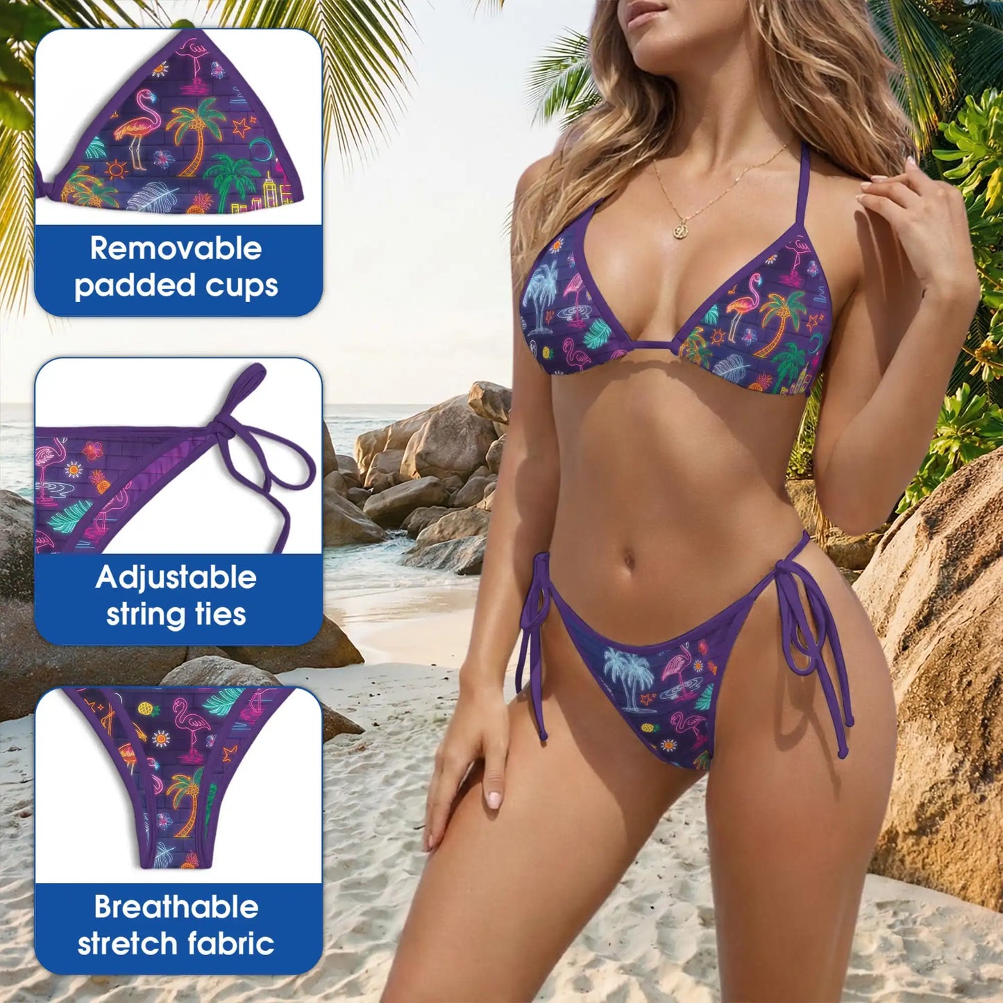 Neon Flamingo Bikini Set – Tropical Festival Two Piece Swimsuit | Netecom