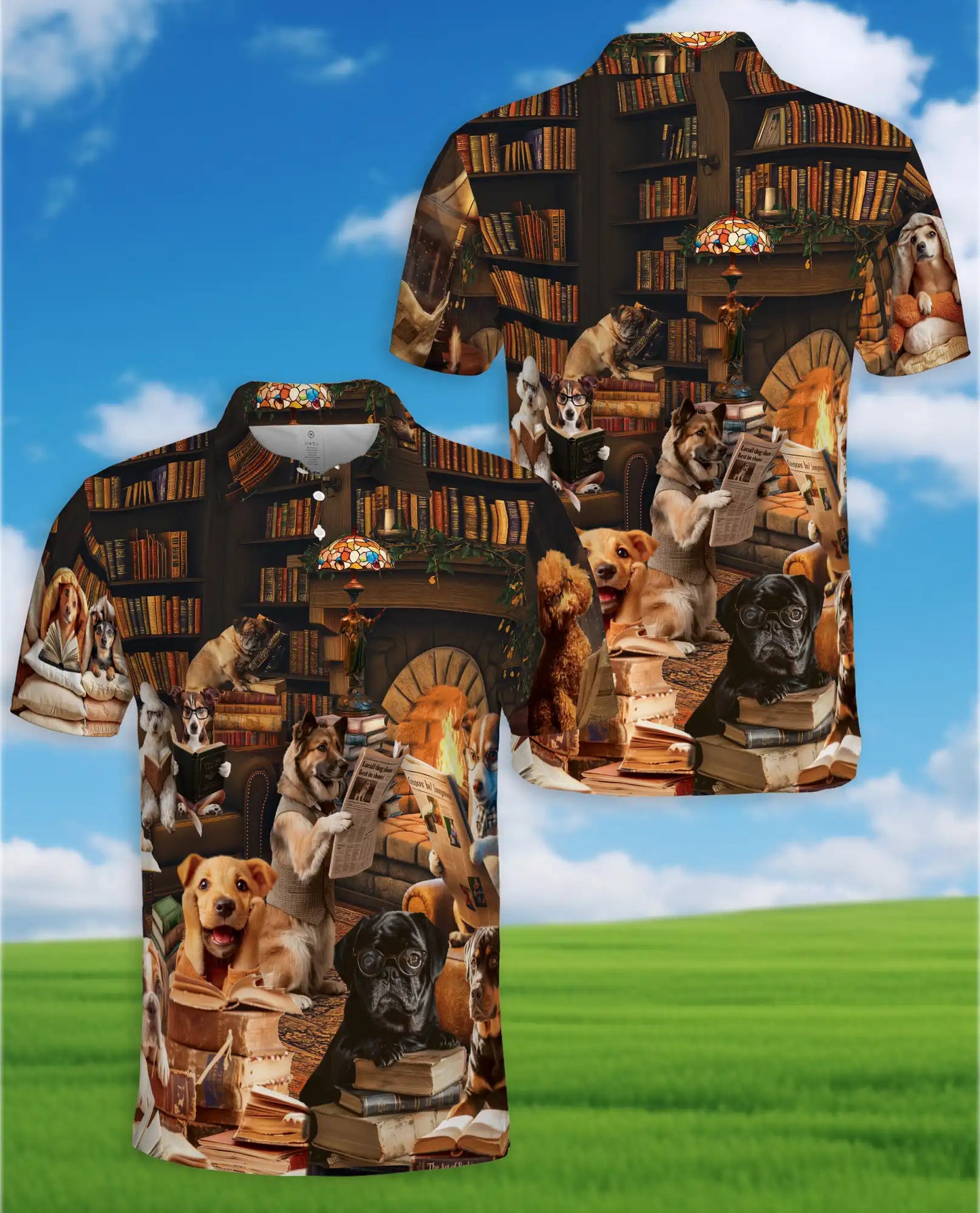 Happy Dogs Reading Polo Shirt for Men – Cute Dog Library Print | Netecom