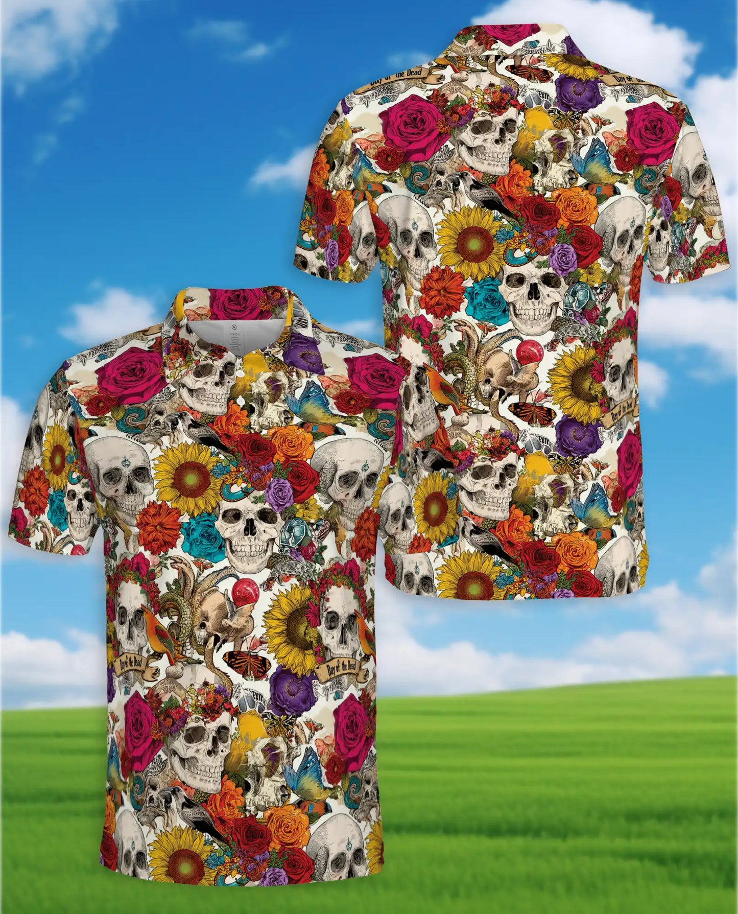 Skull Flower Polo Shirt for Men – Day of the Dead Style | Netecom