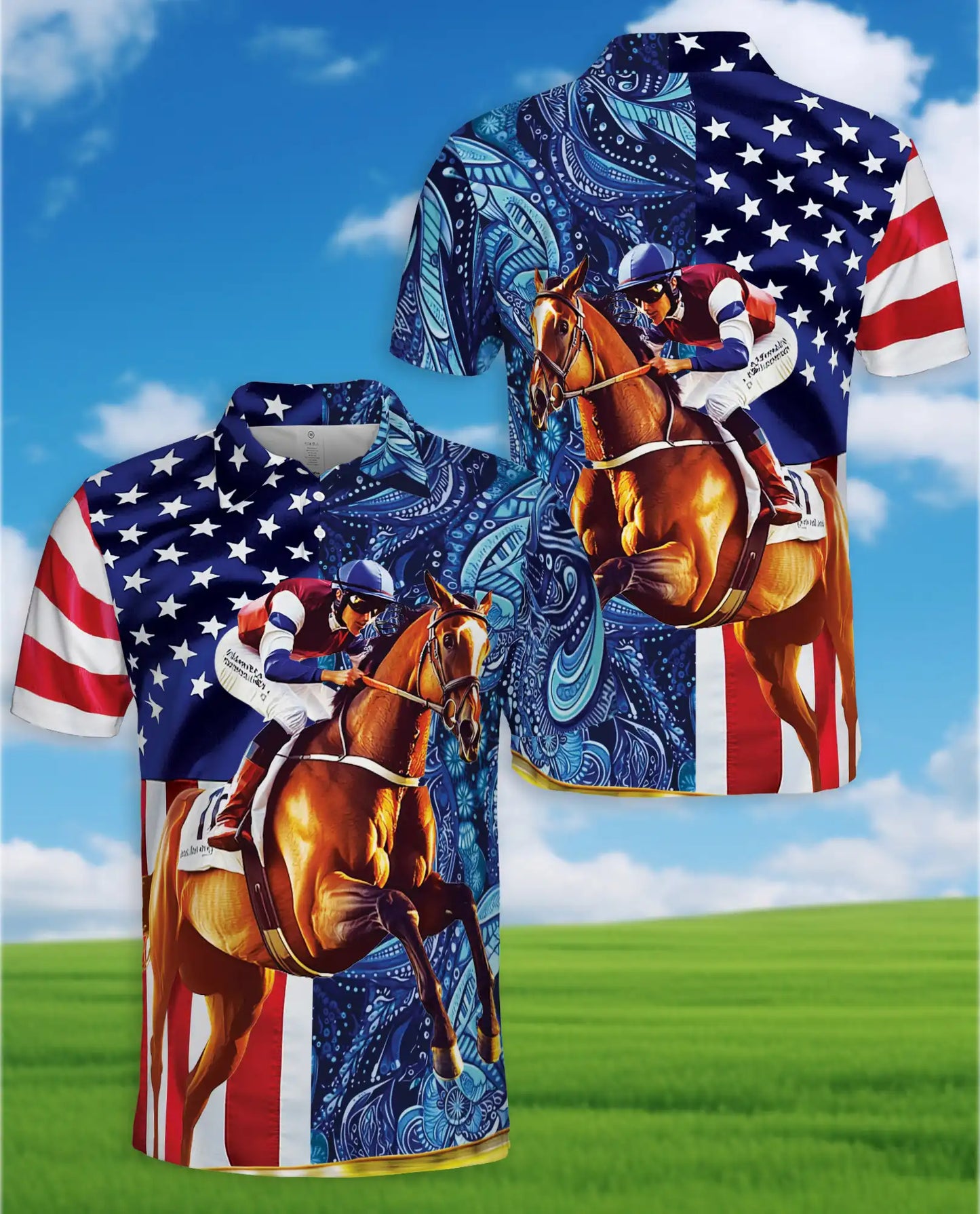 American Flag Horse Racing 3D Polo Shirt for Men | Netecom