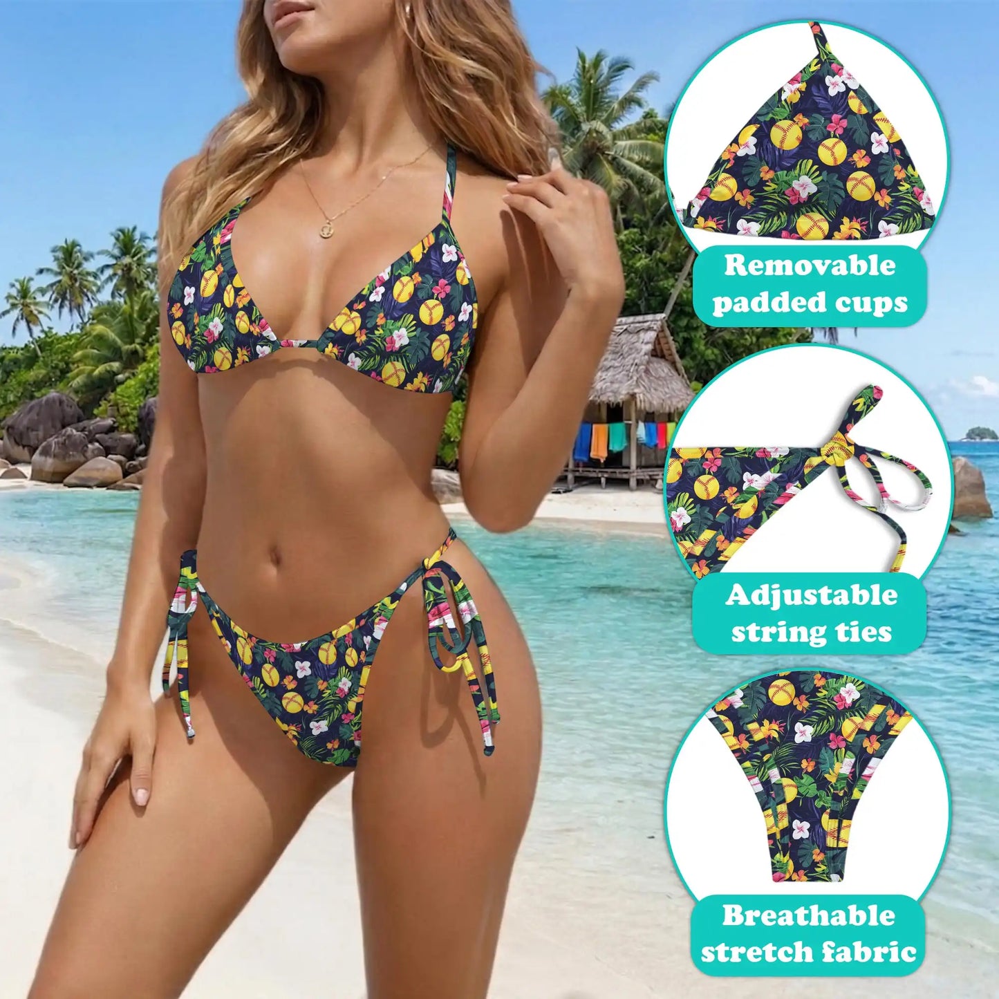 Softball Simple Bikini Set for Women, Two Piece Swimsuit, Tropical Sports Beachwear | Netecom