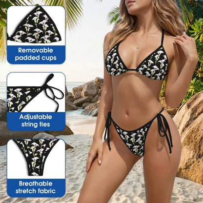 Calla Lily Black Bikini Set – Elegant Floral Two Piece Swimsuit | Netecom
