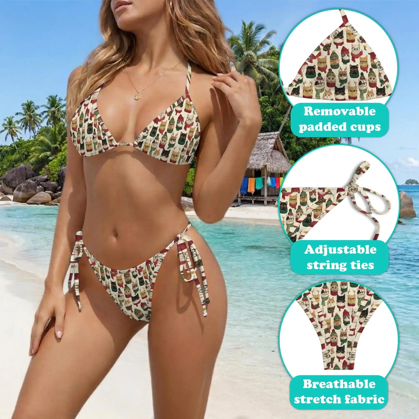 Christmas Cat Bikini Set for Women, Two Piece Swimsuit, Holiday Cat Beachwear | Netecom