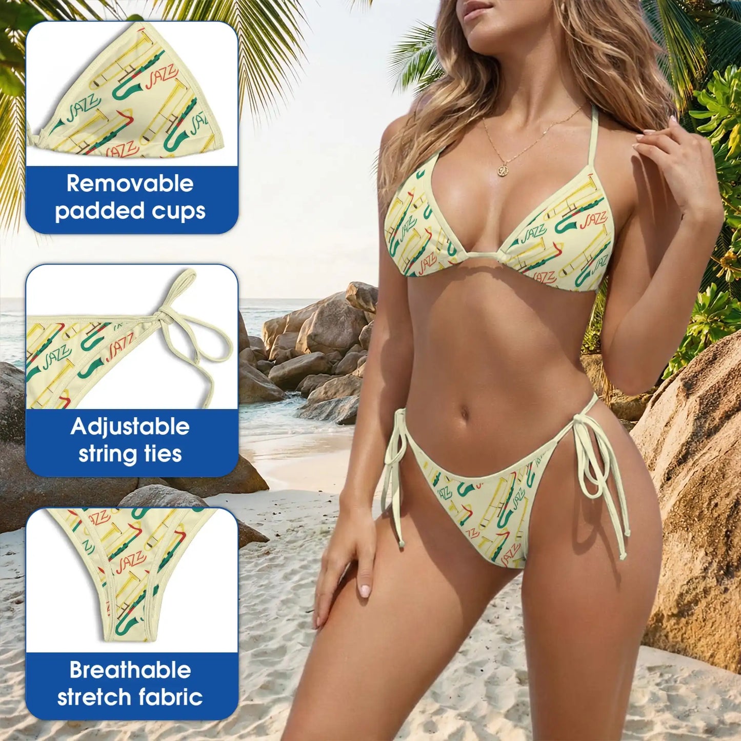 Trombone Pattern Bikini Set – Jazz Music Two Piece Swimsuit | Netecom