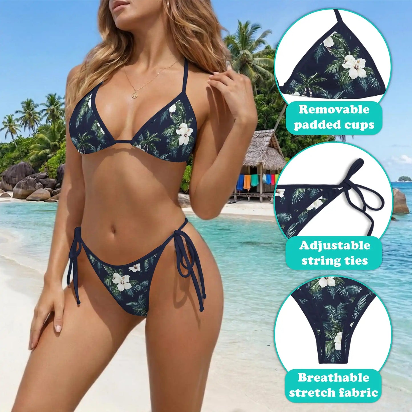 Hibiscus Flowers Bikini Set for Women, Two Piece Swimsuit, Tropical Floral Beachwear | Netecom