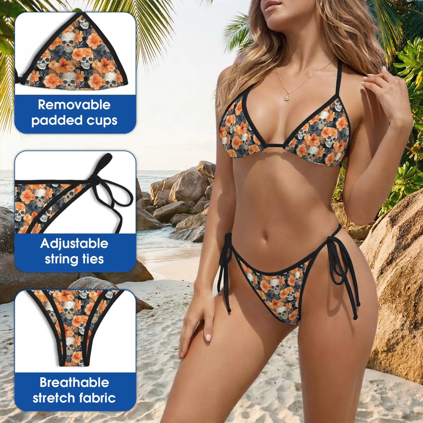 Orange Hibiscus Skull Bikini Set – Tropical Gothic Two Piece Swimsuit | Netecom