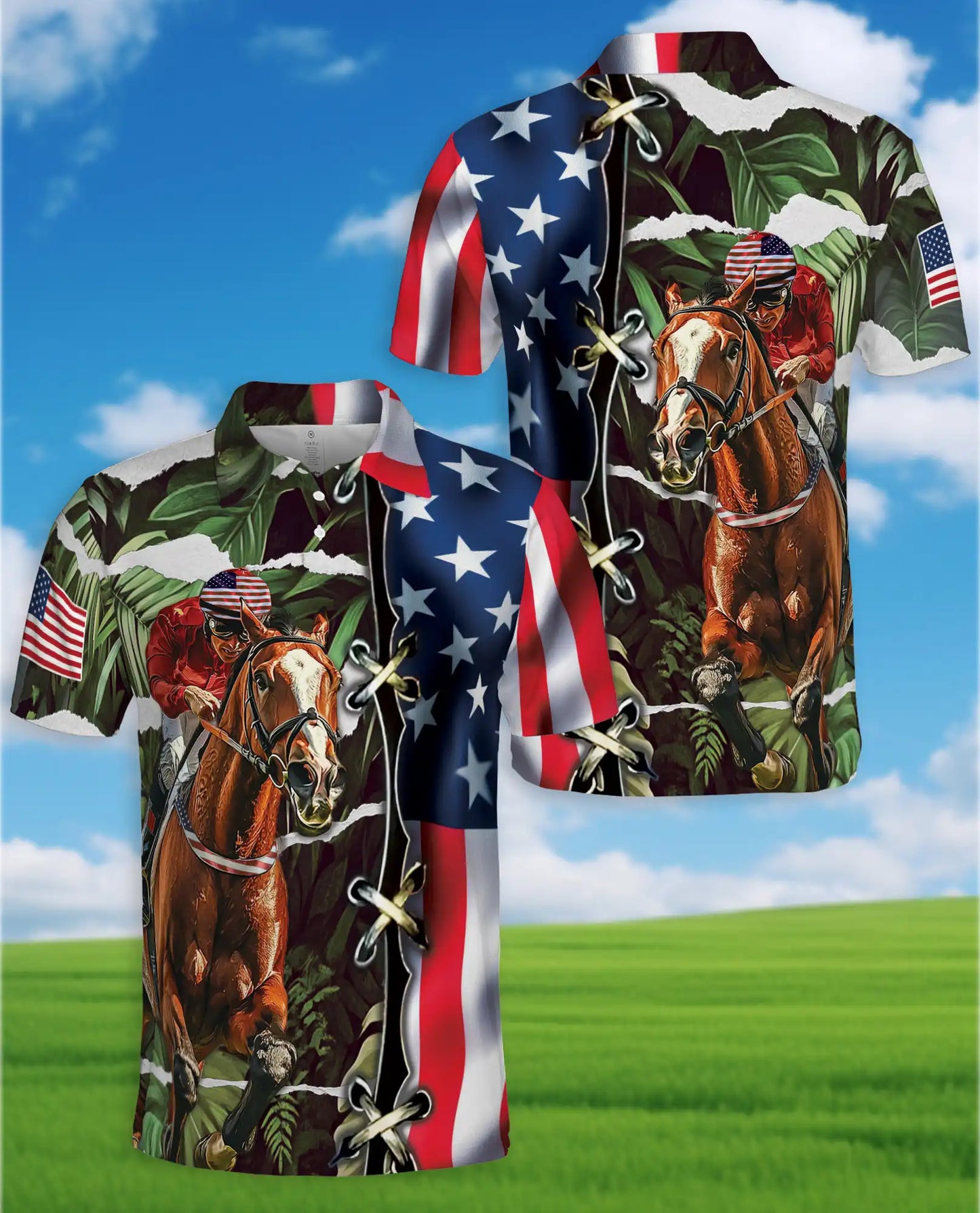 Tropical Horse Racing 3D Polo Shirt for Men – USA Flag Theme | Netecom