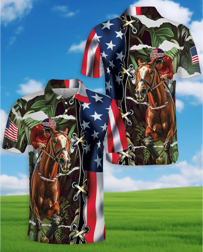 Tropical Horse Racing 3D Polo Shirt for Men – USA Flag Theme | Netecom