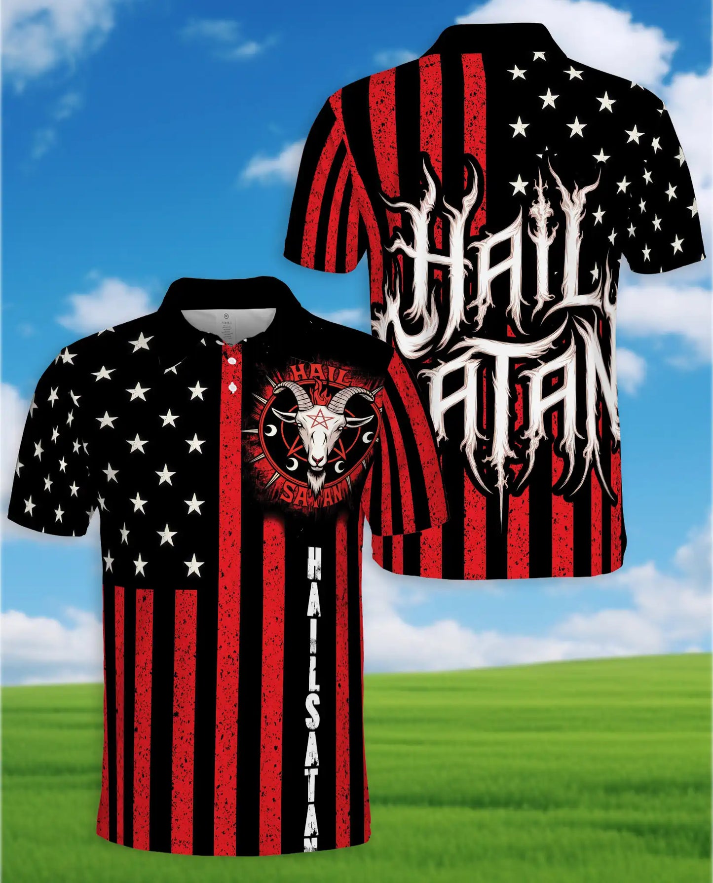 Hail Satan American Flag Polo Shirt for Men – Gothic Punk Style | Netecom