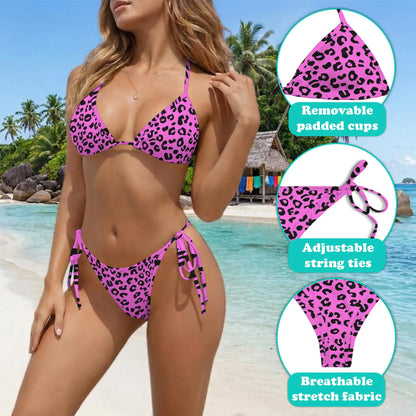 Pink Leopard Bikini Set for Women, Two Piece Swimsuit, Wild Animal Print Beachwear | Netecom