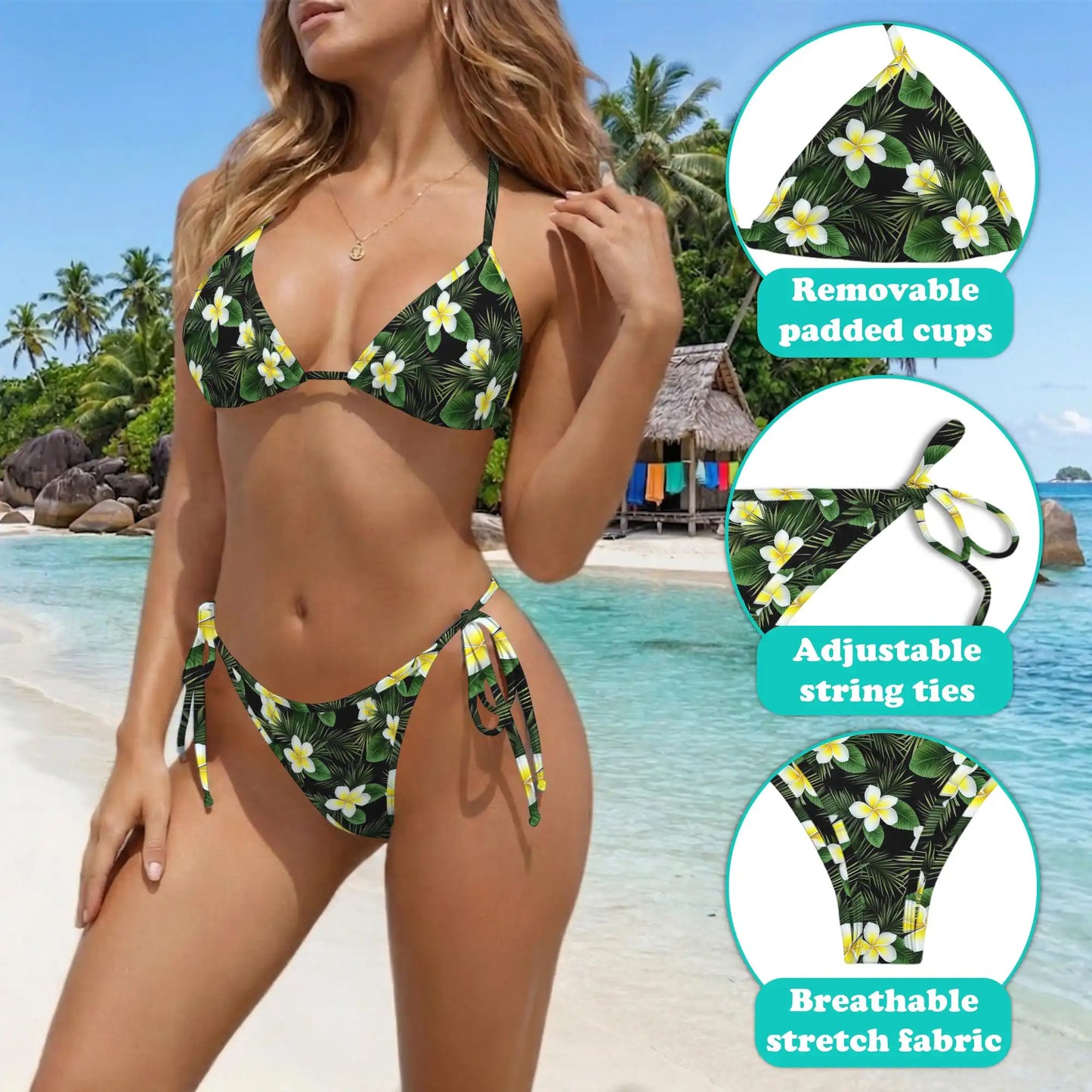 White Plumeria Bikini Set for Women, Two Piece Swimsuit, Tropical Floral Beachwear | Netecom