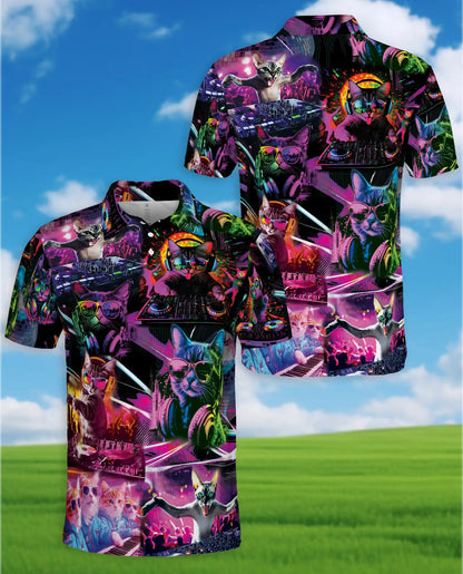 DJ Cat Party Polo Shirt for Men – Neon Music Festival Cat Print | Netecom