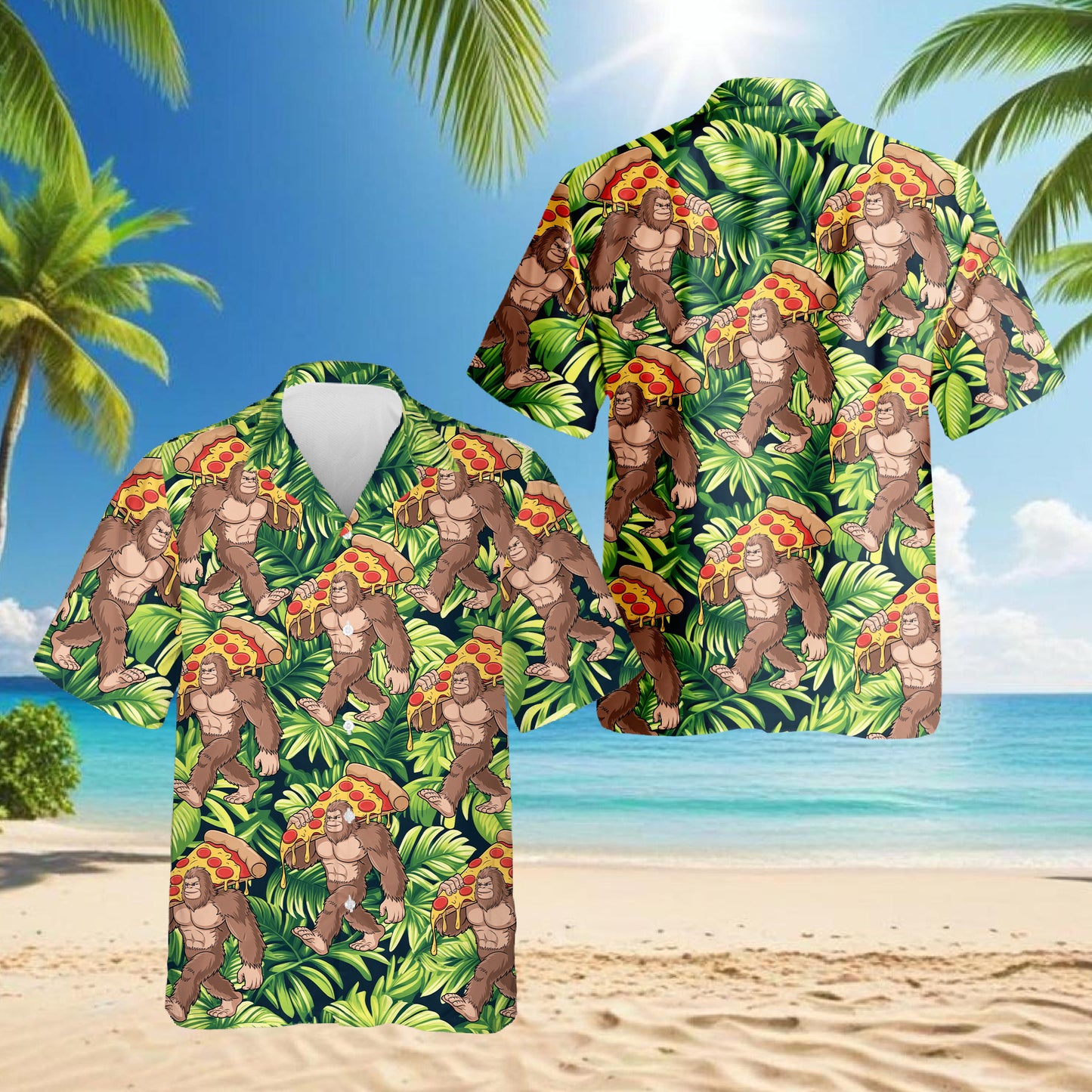 Netecom Bigfoot Carrying Pizza Hawaiian Shirt, Bigfoot Lover Gifts, Tropical Button Down Summer Short Sleeve Shirts