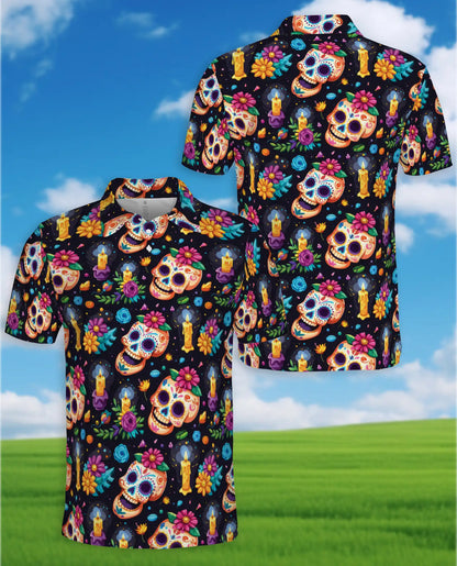 Sugar Skull Polo Shirt for Men – Day of the Dead Colorful Skull Print | Netecom