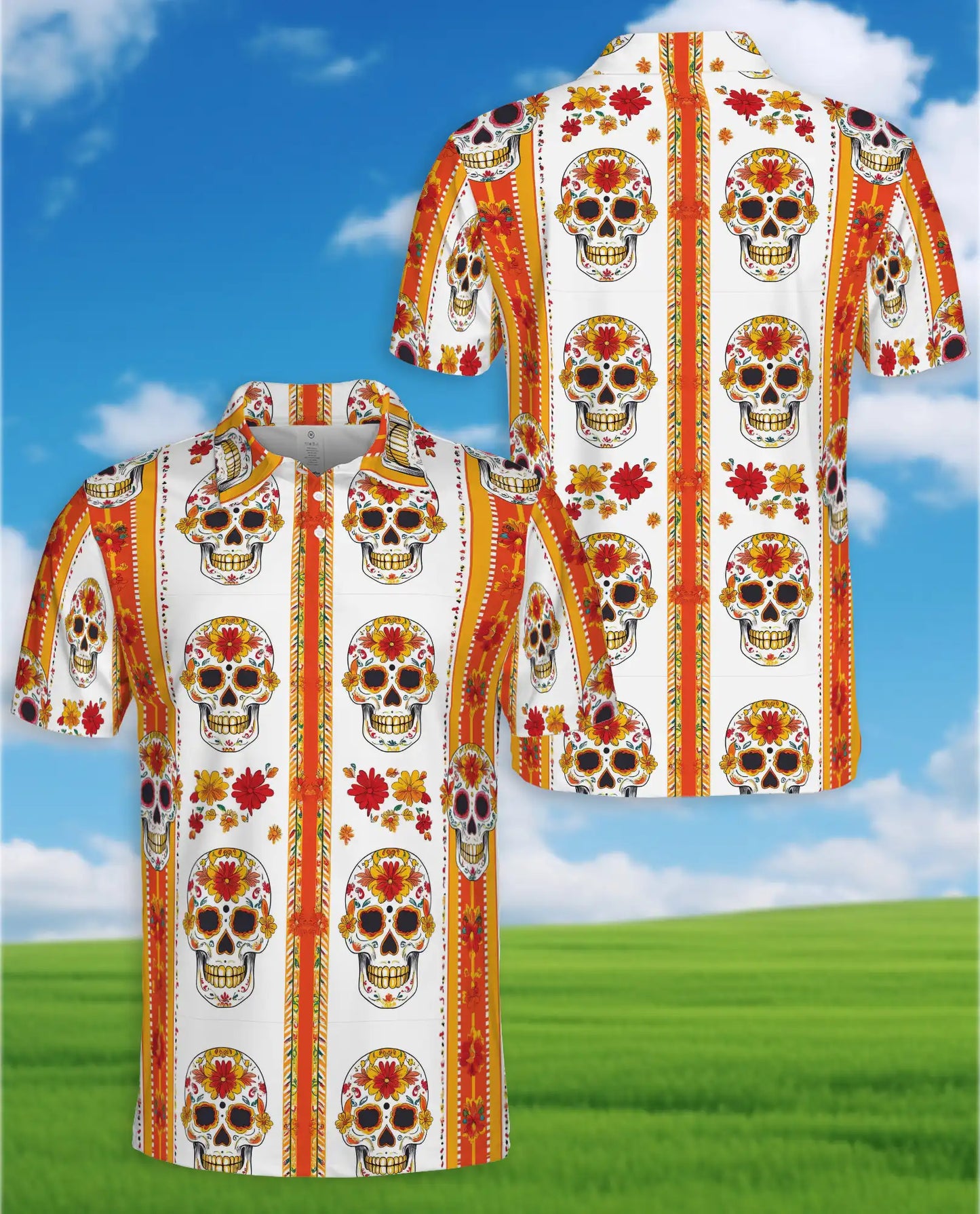 Floral Sugar Skull Polo Shirt - Day of the Dead Style | Netecom