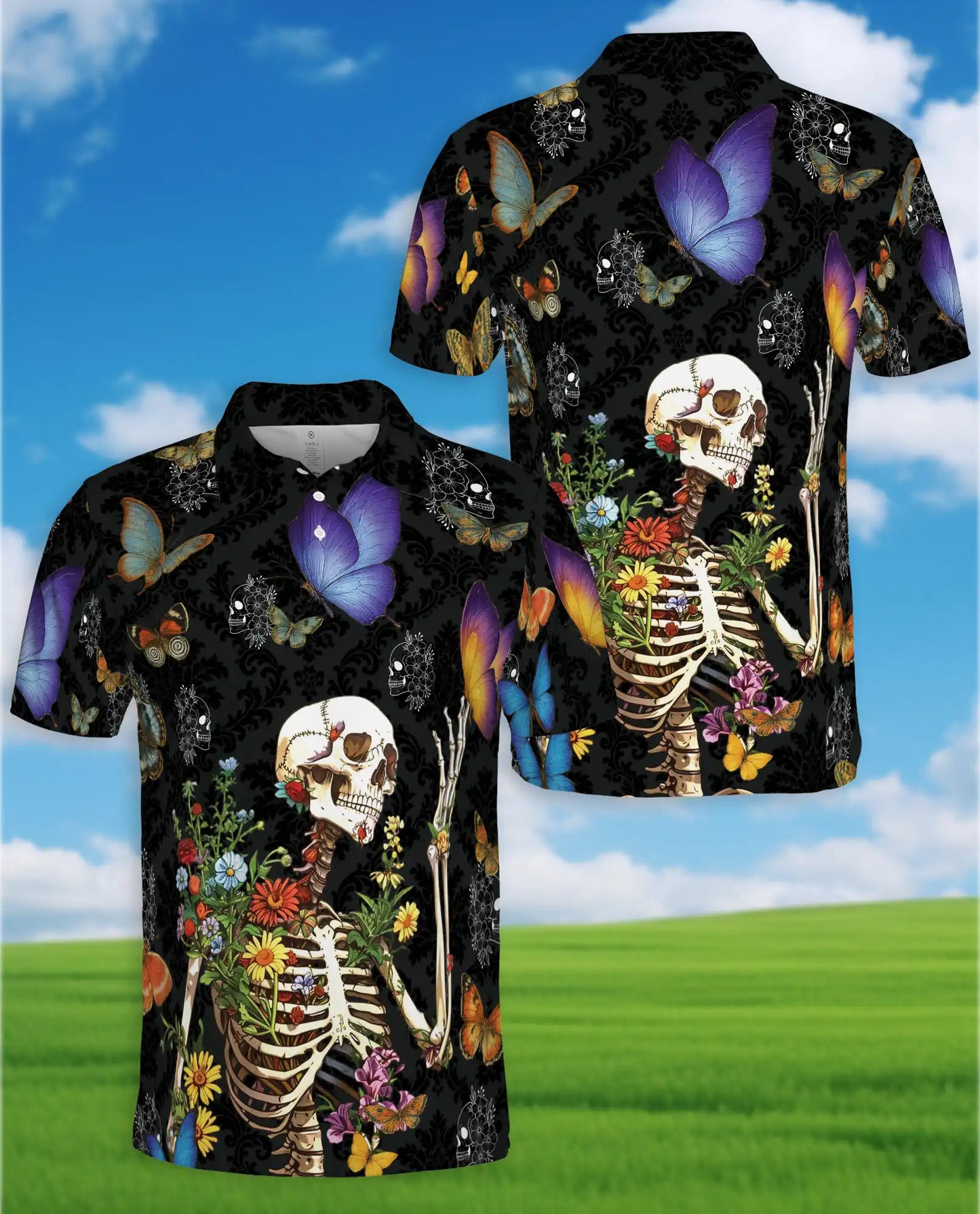 Floral Skeleton Polo Shirt for Men – Gothic Butterfly Design | Netecom