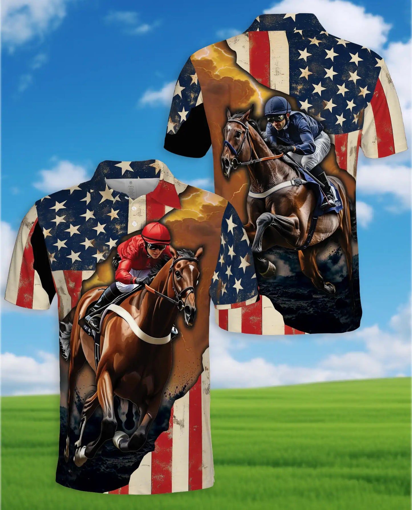 Red Horse Racing American Flag 3D Polo Shirt | Netecom
