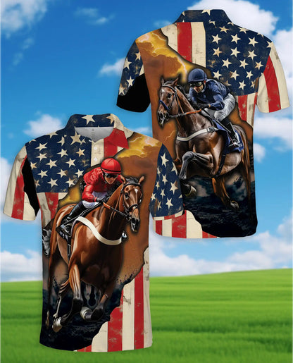 Red Horse Racing American Flag 3D Polo Shirt | Netecom