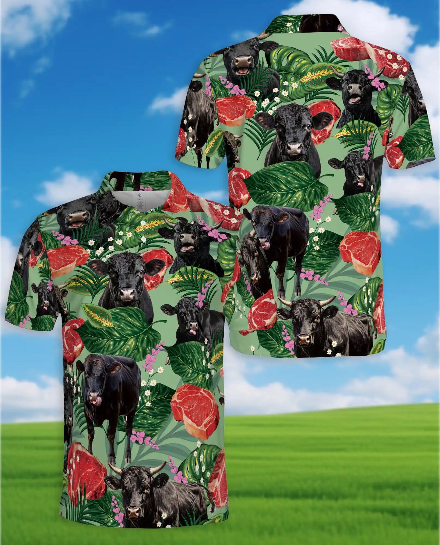 Tropical Black Angus Cattle Polo Shirt for Men – Funny Cow Meat Print | Netecom