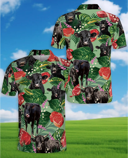 Tropical Black Angus Cattle Polo Shirt for Men – Funny Cow Meat Print | Netecom