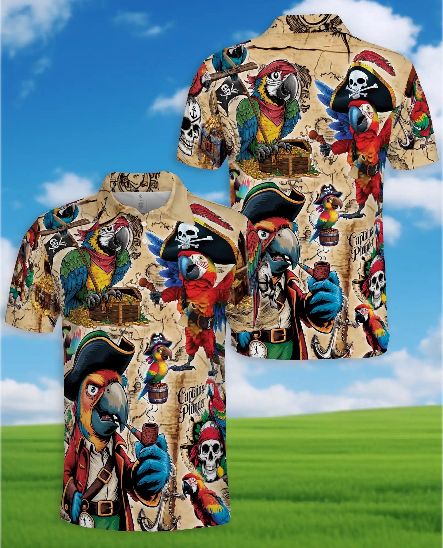 Pirate Parrot Polo Shirt for Men – Treasure Map Party Style | Netecom