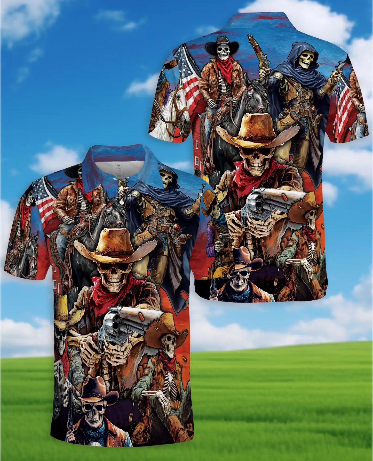 Skeleton Cowboy Polo Shirt - Wild West Outlaw Style | Netecom