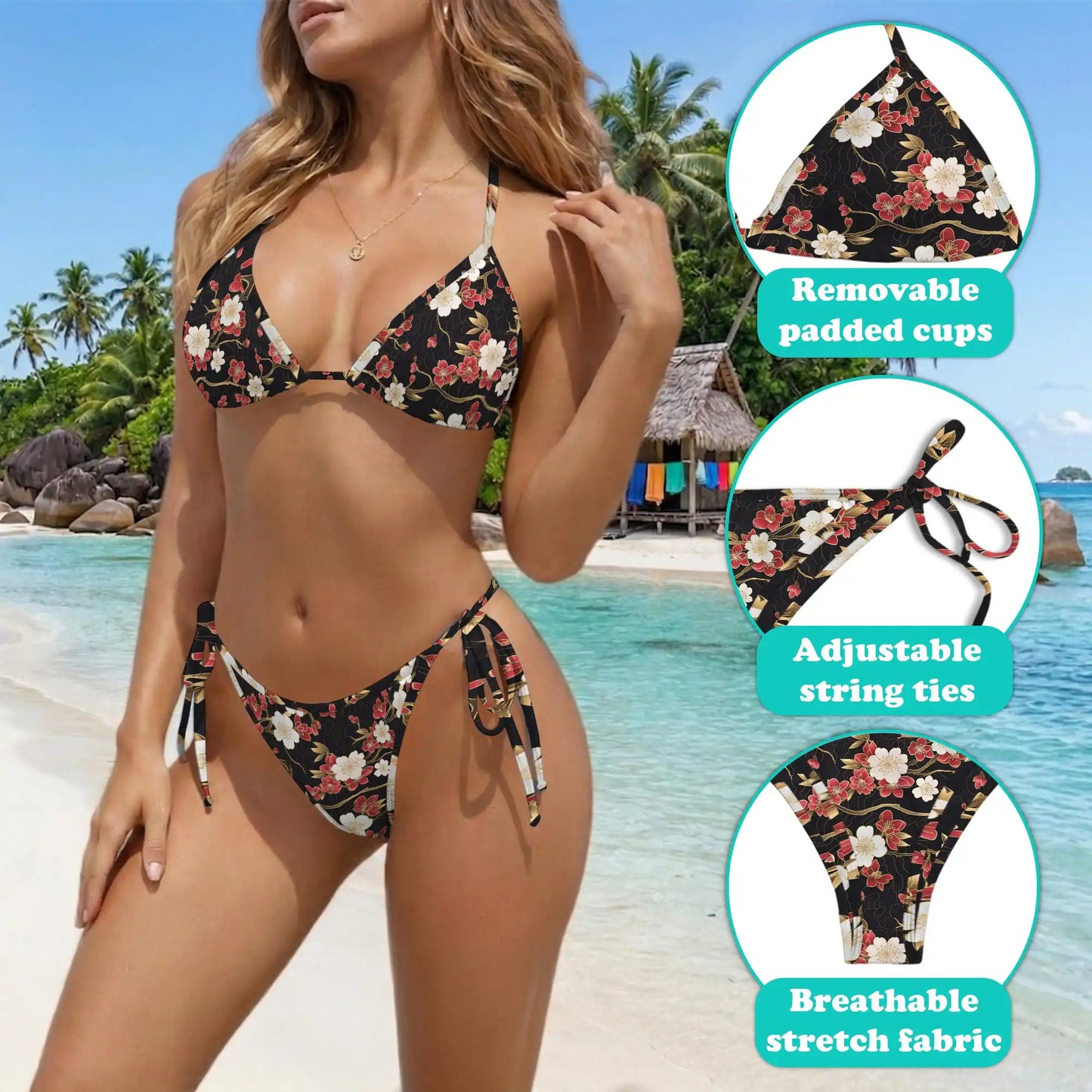 Vintage Sakura Blossom Bikini Set for Women, Two Piece Swimsuit, Japanese Floral Beachwear | Netecom