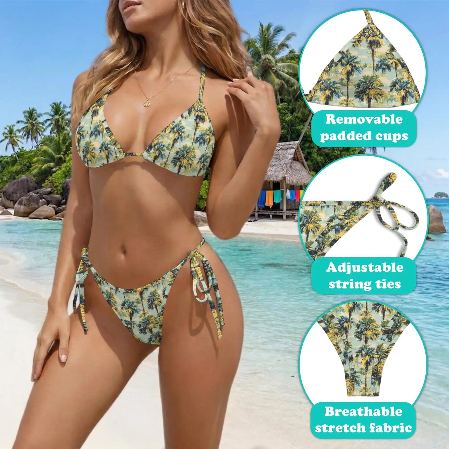 Lush Coast Bikini Set for Women, Two Piece Swimsuit, Tropical Palm Print Beachwear | Netecom