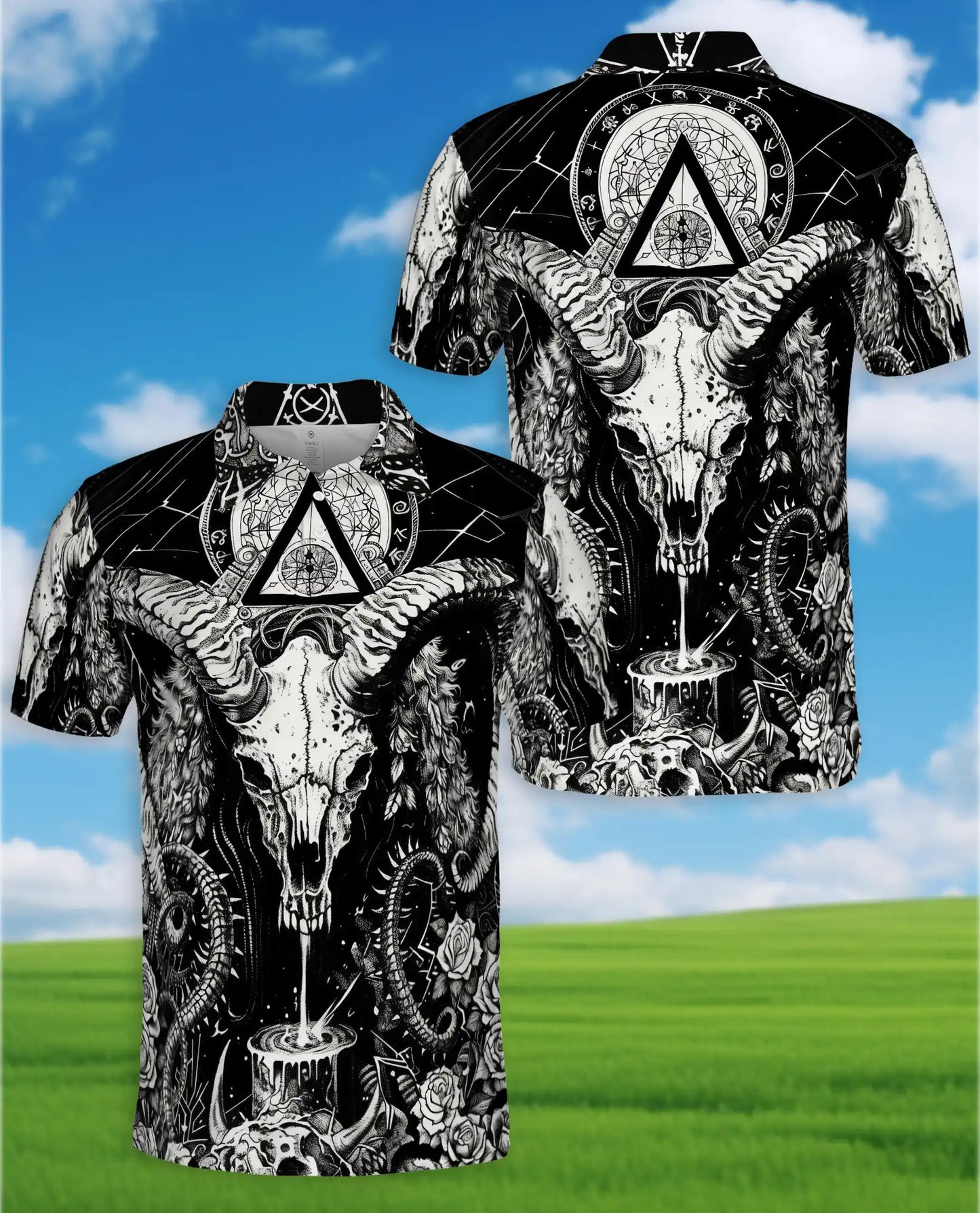 Dark Ram Skull Occult Polo Shirt for Men- Horror Black White Fantasy | Netecom
