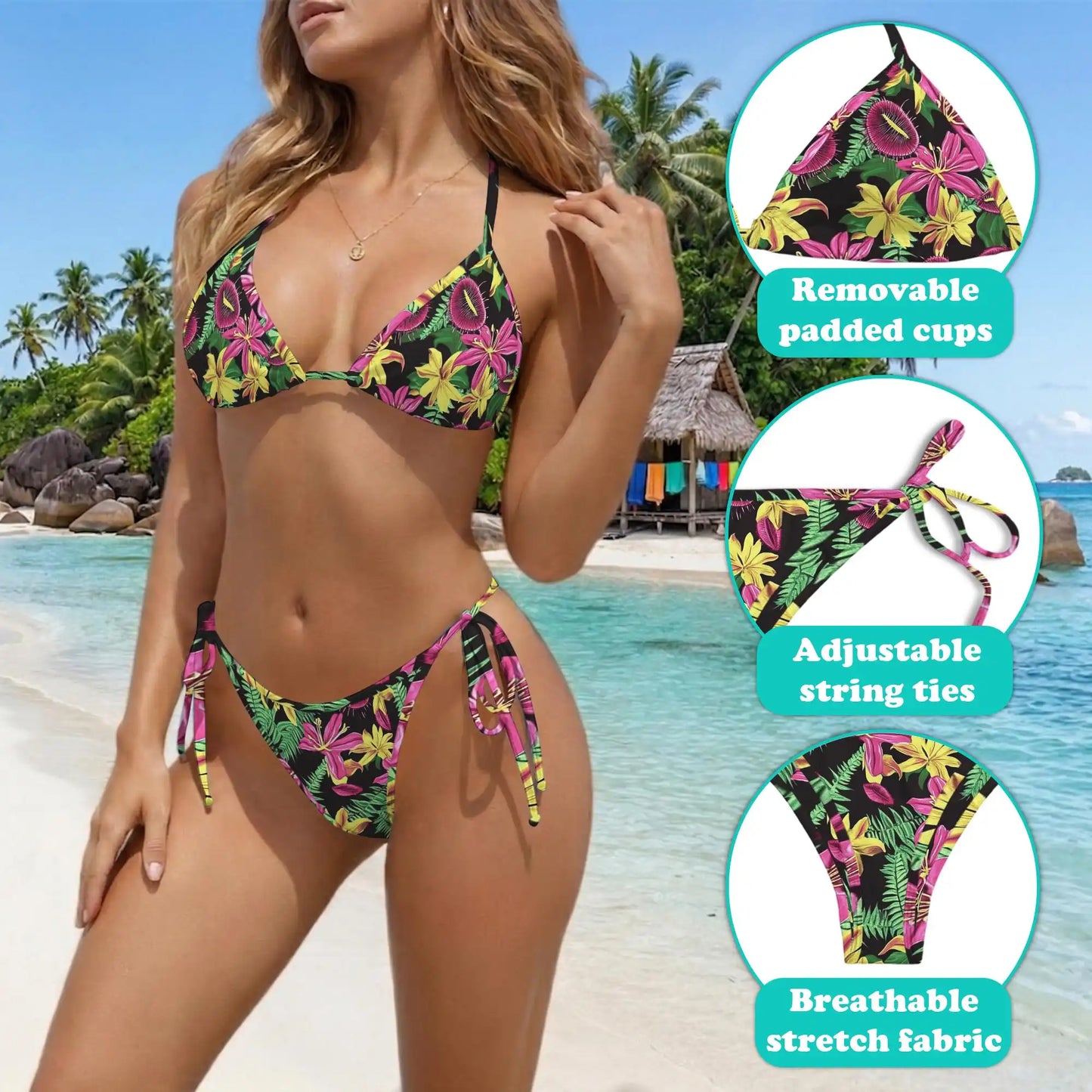 Flower Chunk Bikini Set for Women, Two Piece Swimsuit, Vibrant Floral Print Beachwear | Netecom