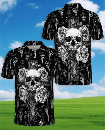 Gothic Skull Cross Polo Shirt - Dark Floral Horror Style | Netecom