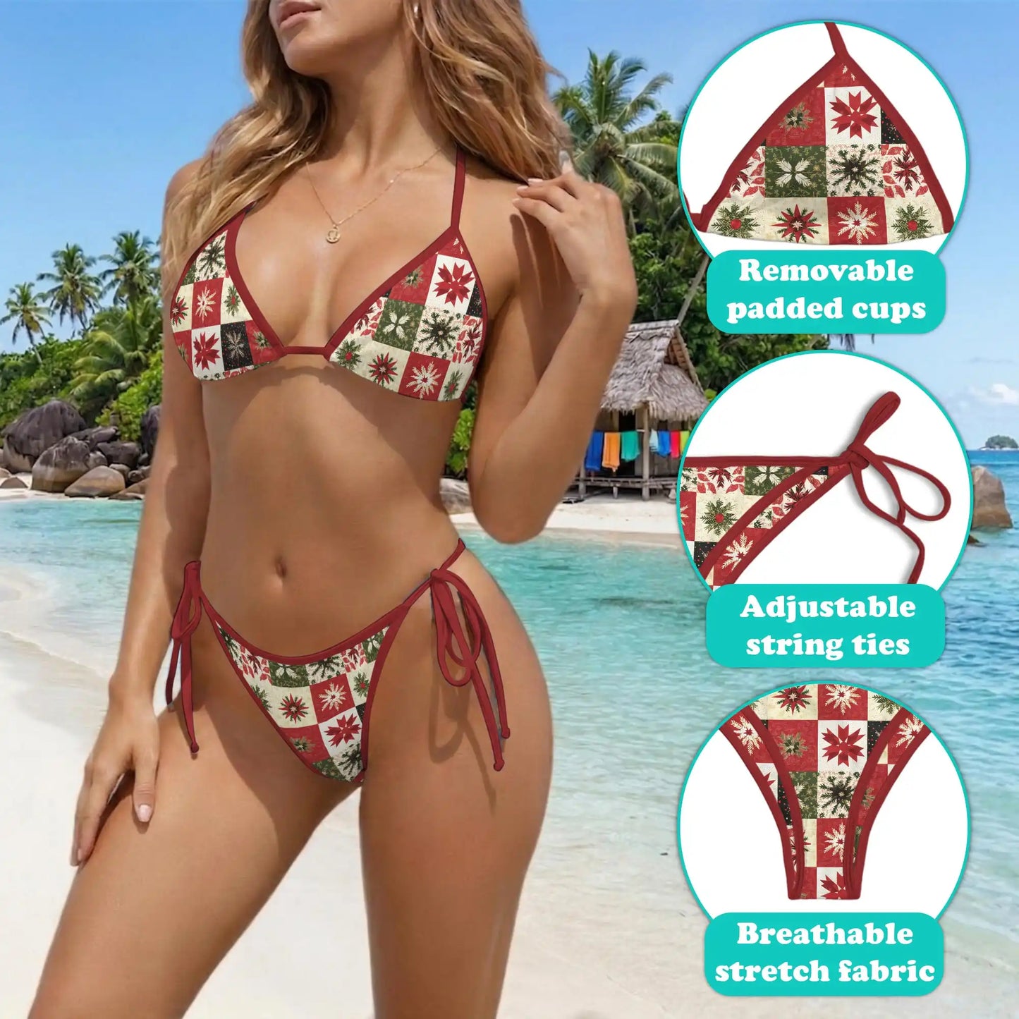 Christmas Quilt Bikini Set for Women, Two Piece Swimsuit, Festive Holiday Beachwear | Netecom